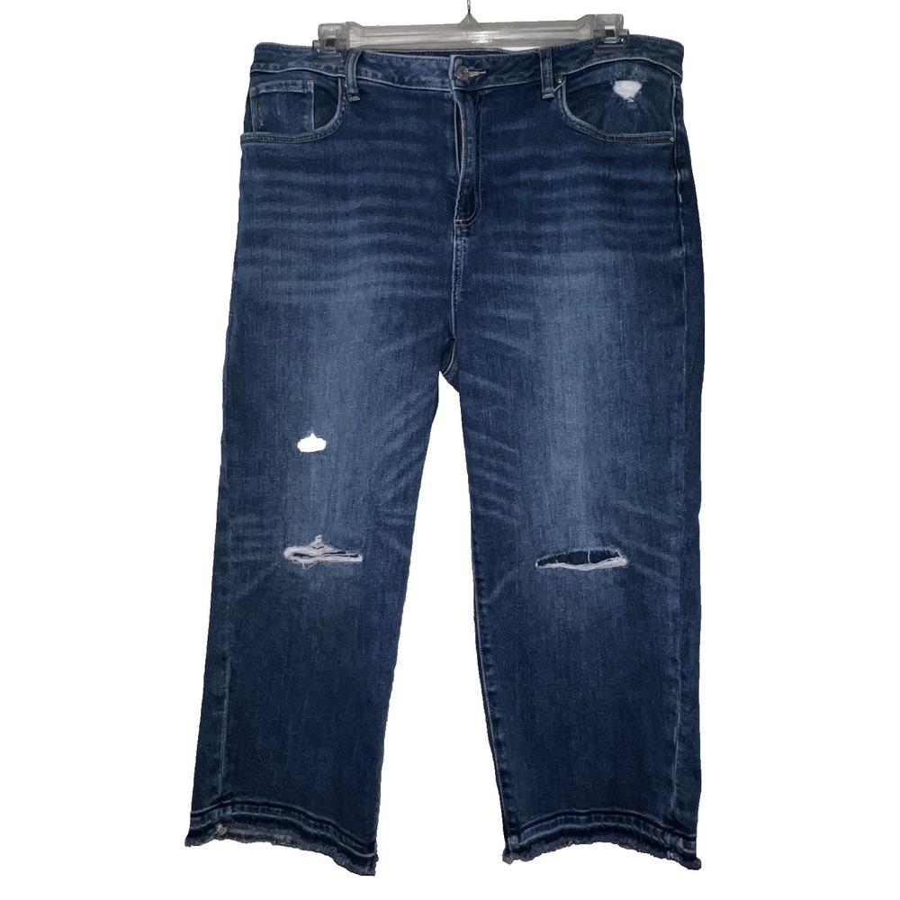 Chico's High Rise Straight Leg Crop Distressed Jeans Dark Wash Blue Size 16R 3R